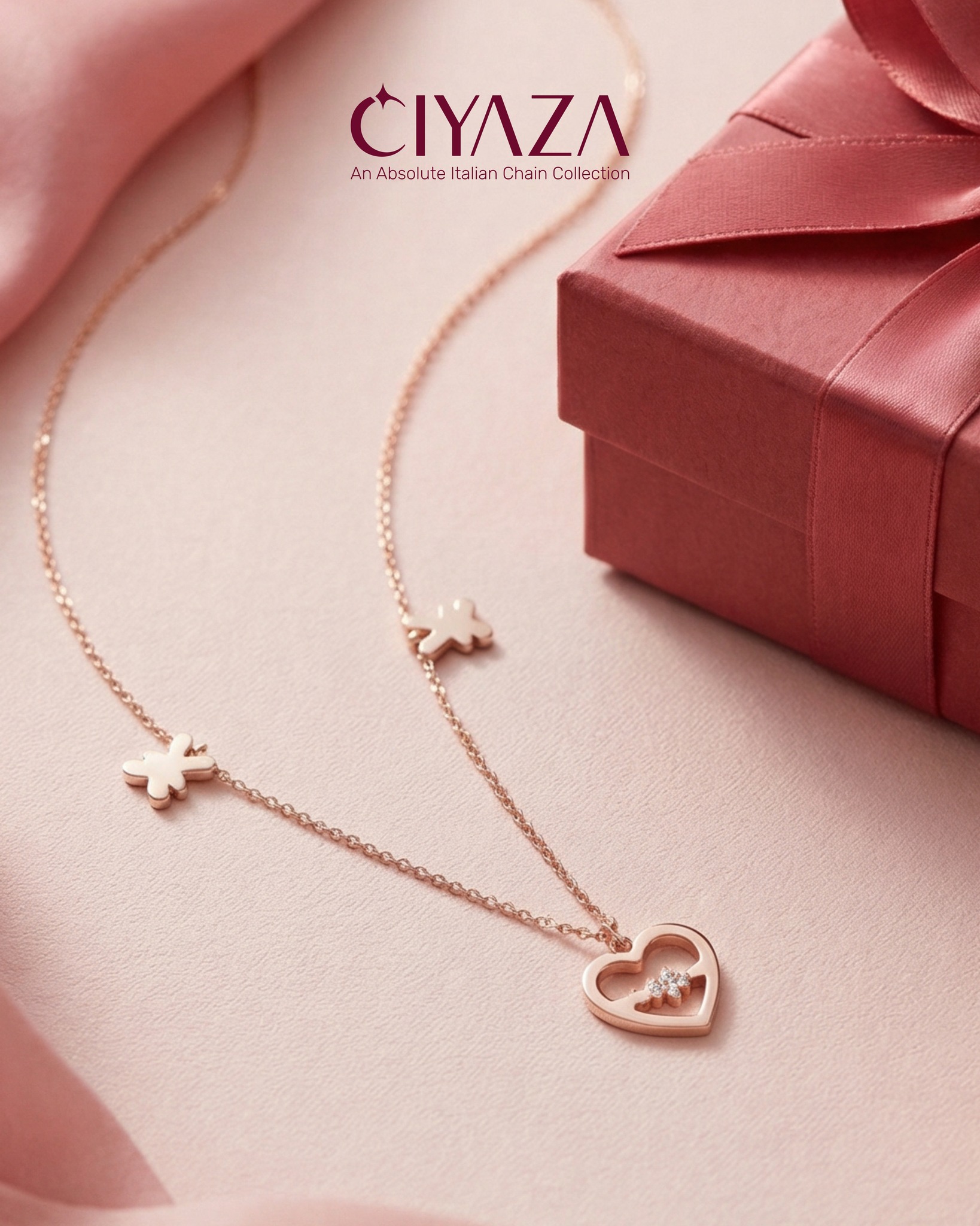 An Italian chain pendant, refined to perfection. Gift her something as timeless as your love. Ciyaza Chains makes it unforgettable. 🤩 

#ciyaza #gold #goldjewellery #chaincollection #jewelry #italianchain #chain #pendant #minimal #minimagold #italiangold #italianjewellery #jewellerycollection #valentinesgift #valentinespecial